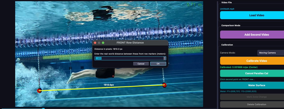 Parallax calibration interface with front and back marker rows marked on pool video